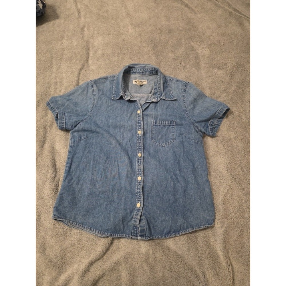 Eddie Bauer 90s 100% Cotton Denim Camp Shirt Short Sleeve Casual Button Down